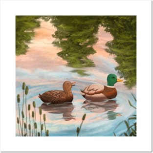 Ducks swimming on pond Posters and Art